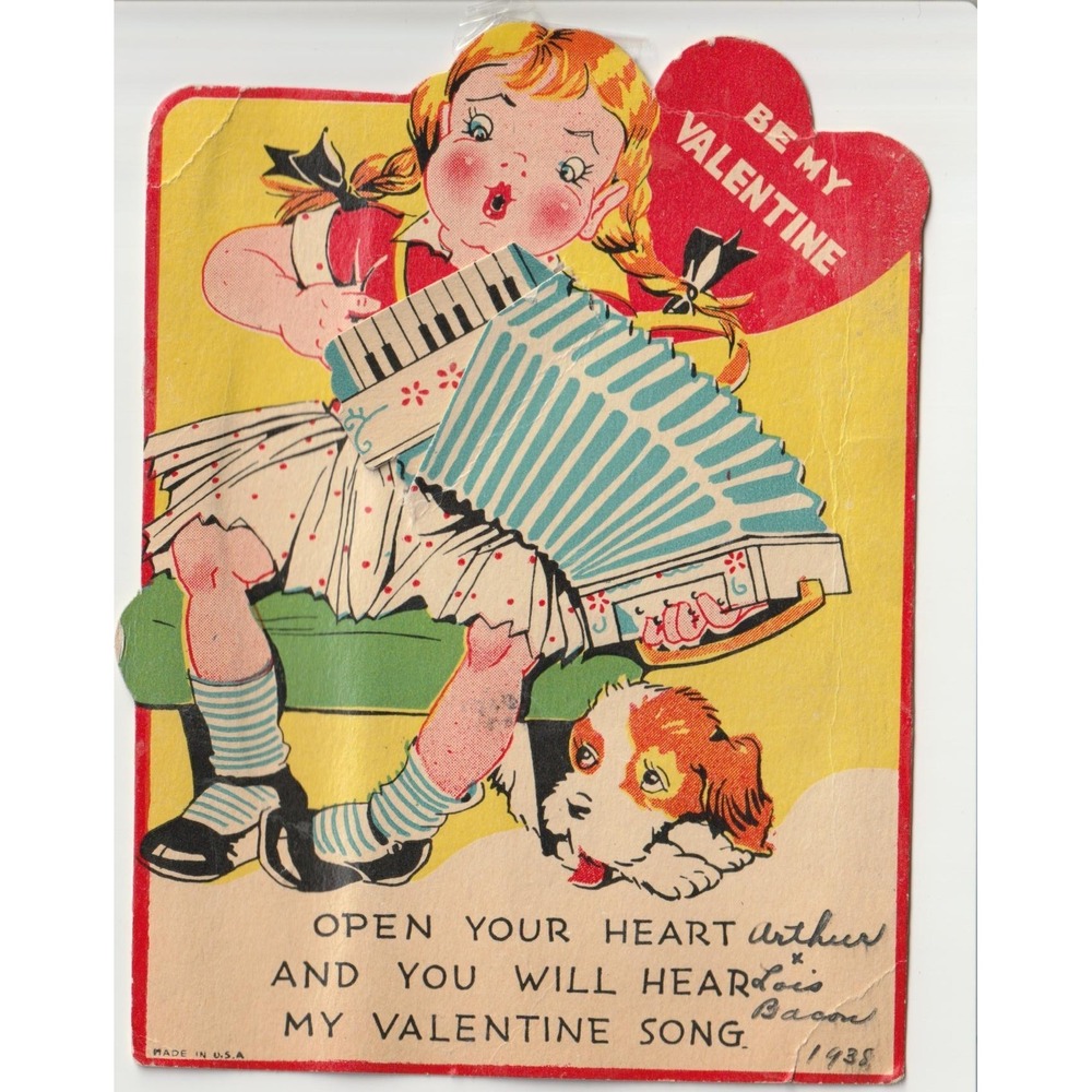 Vintage 1938 Valentine Card Girl Playing Accordion Dog Die Cut Litho 1930s - Picture 1 of 2
